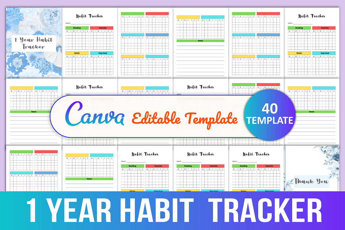 Editable 1 Year Habit Tracker, a Stationery Template by Designmela01 (Photo 1 of 4)