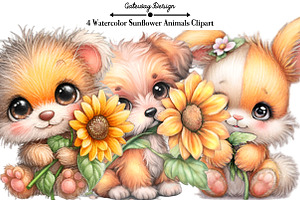 Watercolor Sunflower Animals Clipart, an Illustration by GatewayDesign