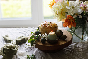 Happy Easter! Stylish eggs in bunny ears napkin on plate, easter, a Holiday Photo by Sonjachni