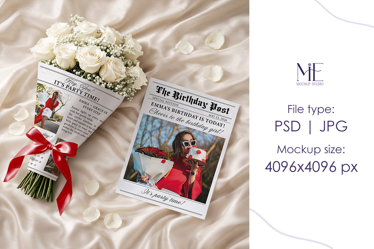 Wedding Newspaper Mockup with Bouque, a Mockup by Mie Mockup Studio (Photo 4 of 8)