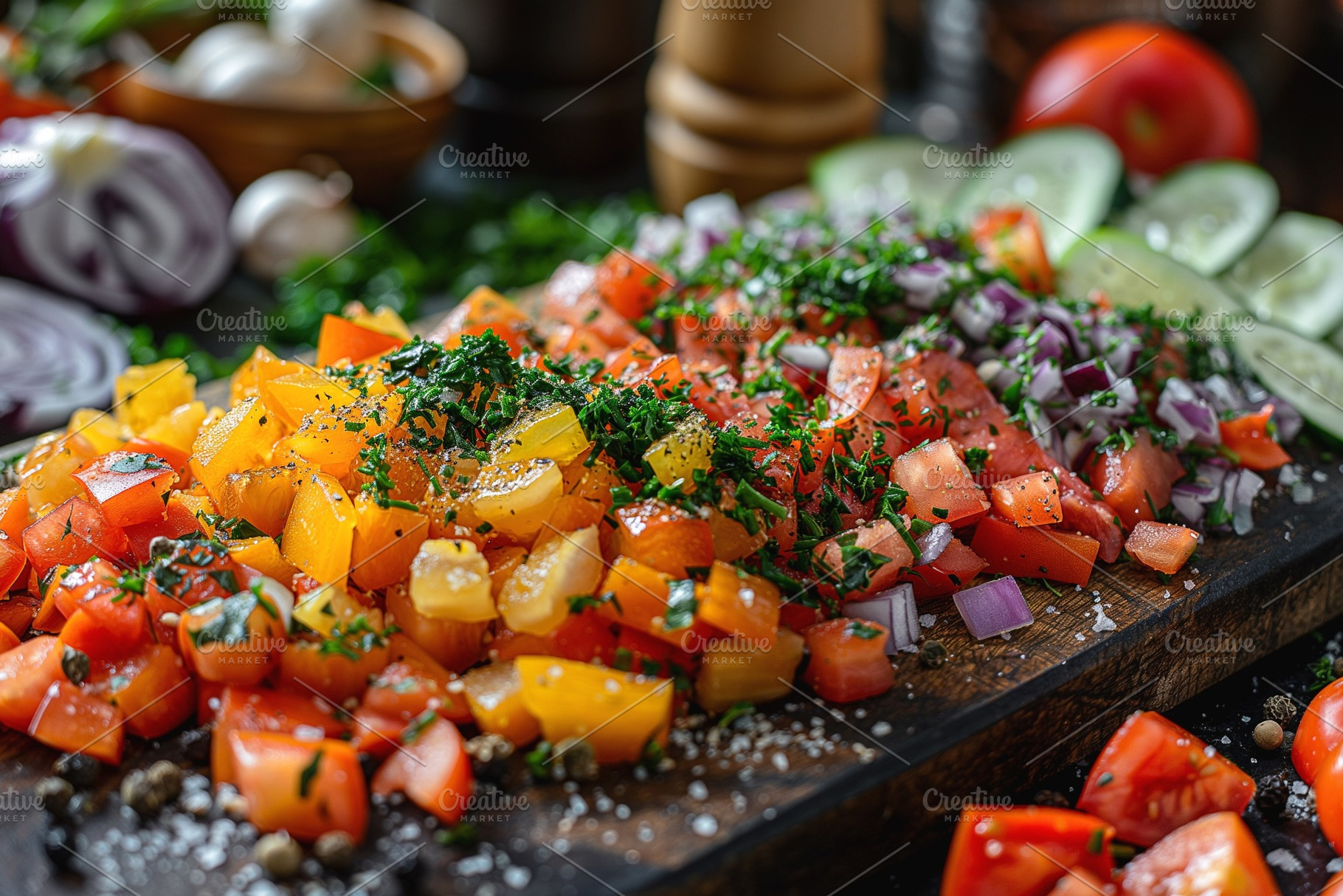 A vibrant array of diced vegetables including tomatoes, cucumbers, and herbs on, a Person Photo by ImageMir