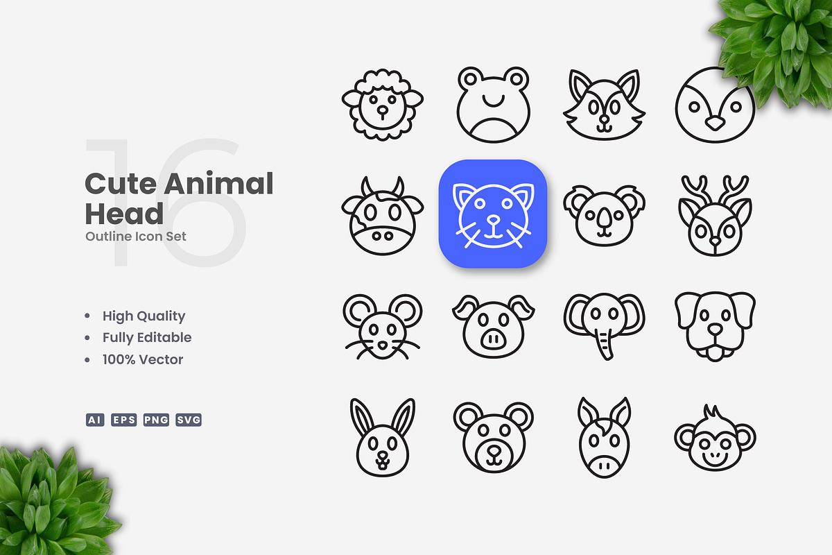 Cute Animal Head Outline Icons, an Outline Icon by Upnowgraphic