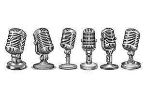 Microphones engraving set vector, an Object Illustration by AlexArt