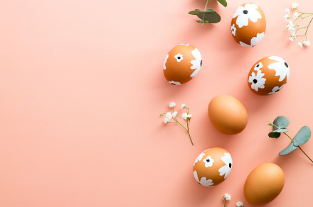 Elegant Easter flat lay composition. Colorful Easter eggs and flowers on pastel, a Holiday Photo by photoguns