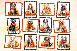 Fall Dogs With Pumpkins Watercolor