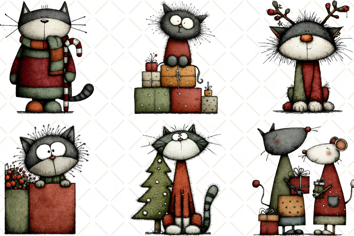 Watercolor Christmas Cats Clipart, an Illustration by Black Bird Studio (Photo 3 of 6)