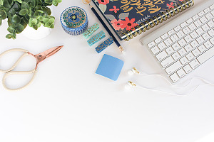 Gold, blue, green, keyboard flatlay
