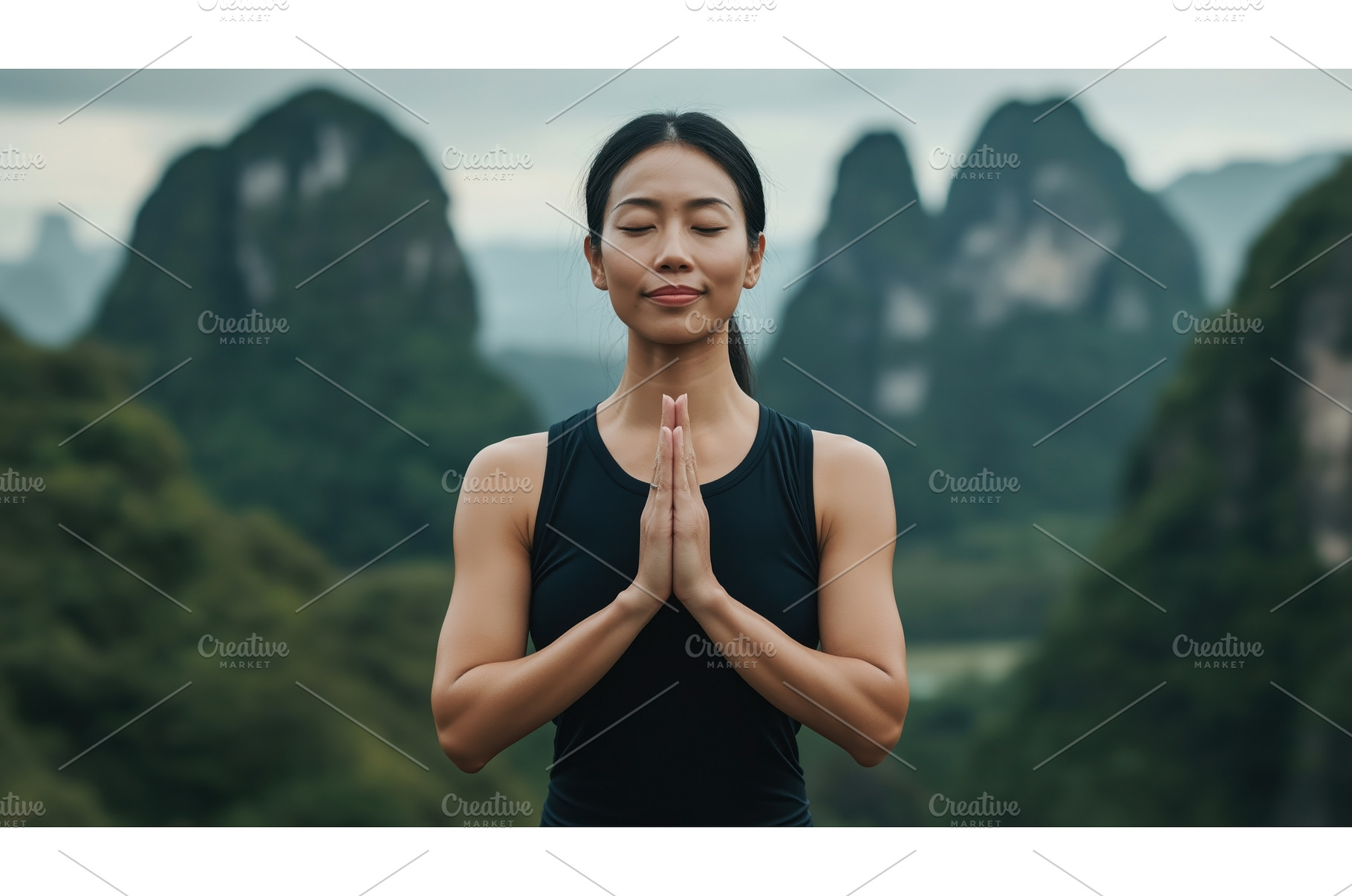 Asian woman practicing yoga with, a Nature Photo by Sergey Kotenev