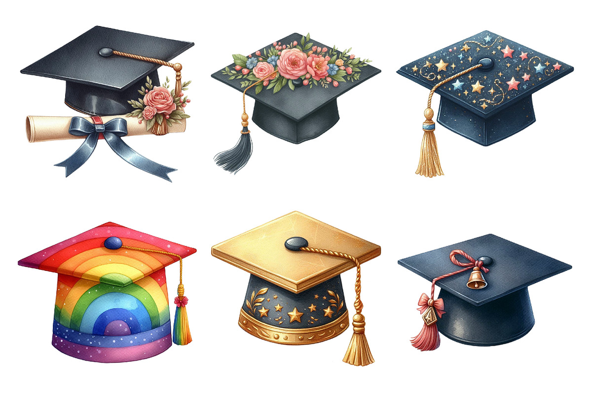 Watercolor Graduation Cap Clipart, an Illustration by Daily.Designs (Photo 2 of 5)