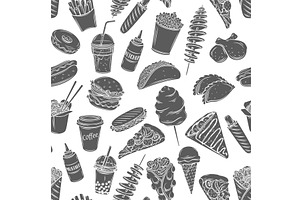 Fast food seamless pattern, a Food Illustration by VictoriaSergeeva