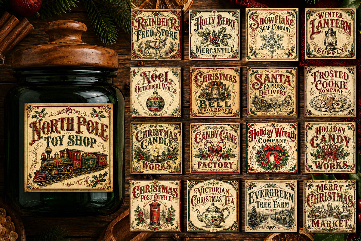 Vintage Christmas Labels Bundle PNG, a Seasonal Illustration by CreationArt (Photo 1 of 3)
