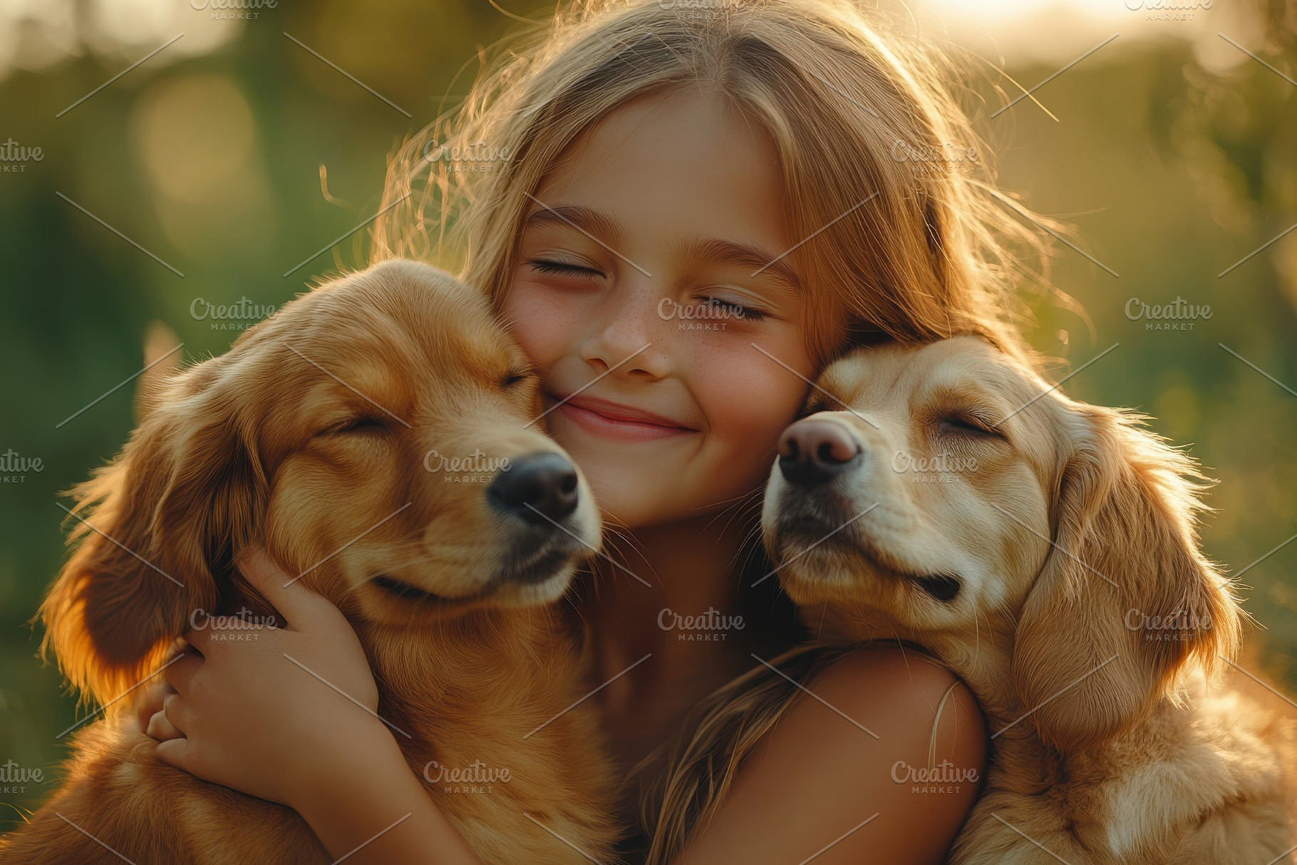 Girl hugs two Golden Retrievers outd, an Animal Photo by Pixeness Studio