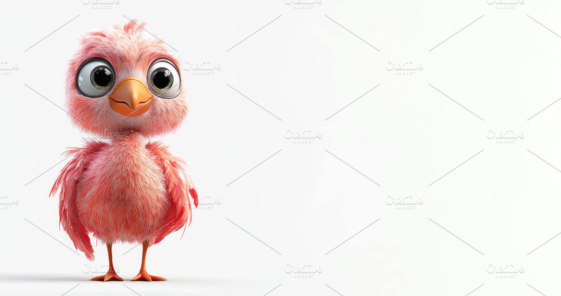 Cute wide-eyed fluffy pink cartoon bird with orange beak standin, an Animal Photo by José Manuel Gelpi