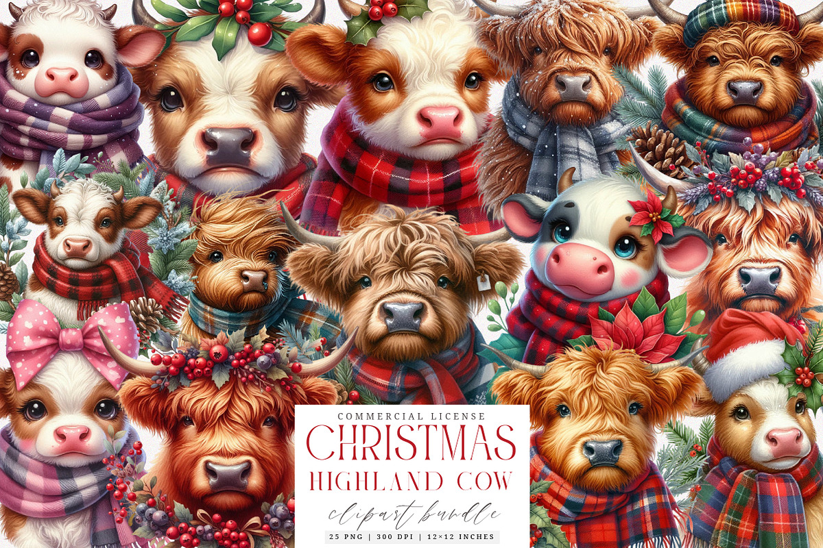 Watercolor Christmas Highland Cow, an Illustration by SinaCreation (Photo 1 of 7)