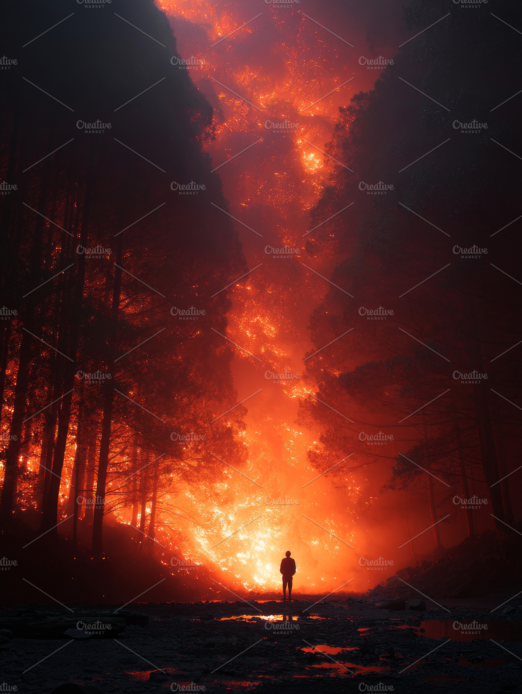 silhouette of a man against the background of a forest fire, a Photo by Pictures for you!!!!!!!!!