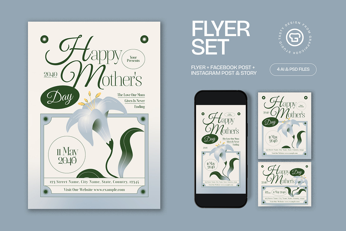 Blue Vintage Aesthetic Mother's Day, a Flyer Template by graphicook (Photo 1 of 3)