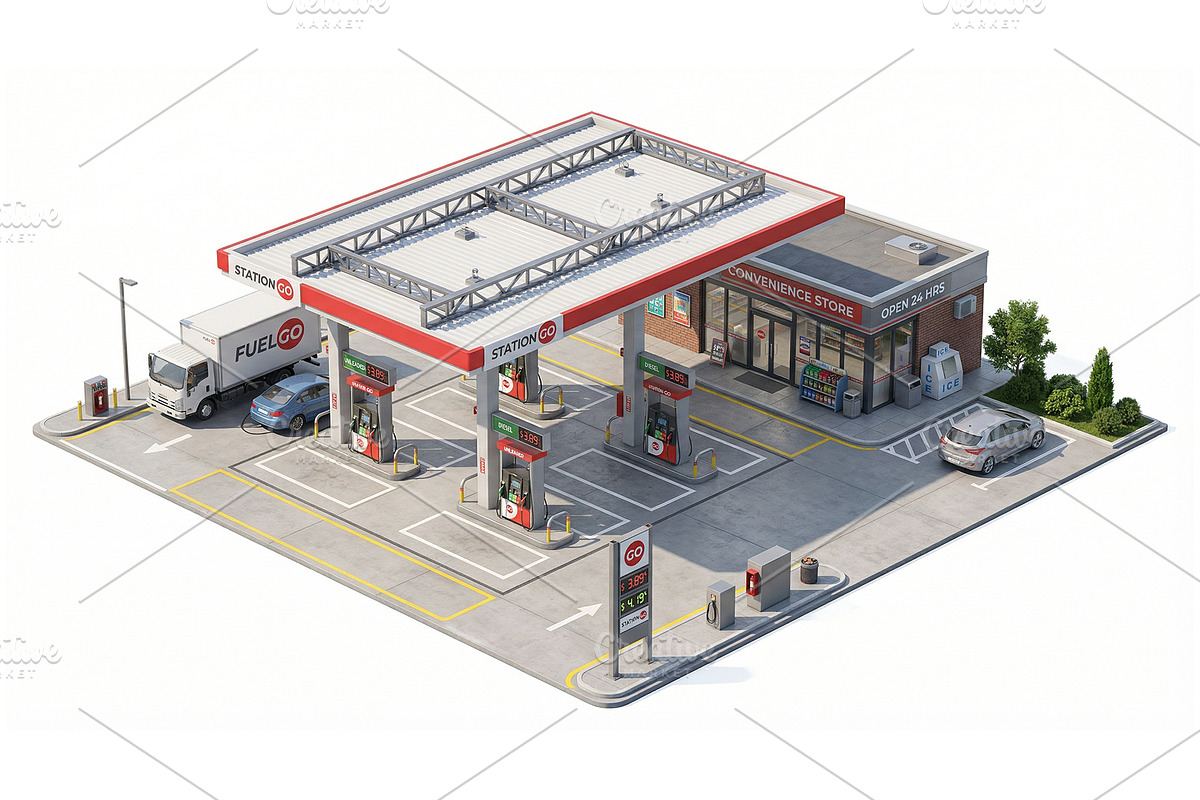 Isometric Gas Station 3D, a Transportation Illustration by Nurlan's shop (Photo 2 of 3)