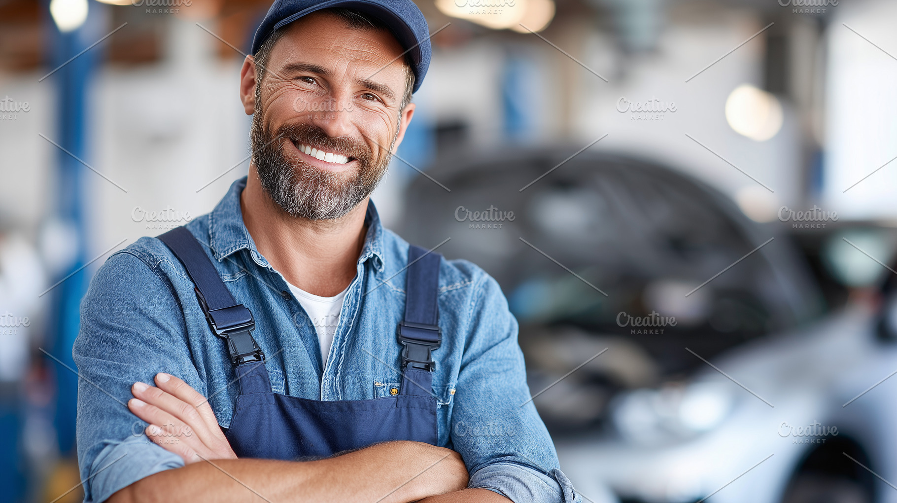 Smiling car mechanic in a workshop, a Transportation Photo by MistyDay