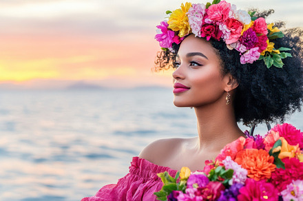 A young woman with curly black hair, wearing a colorful floral crown and a pink, a Person Photo by Mashimara