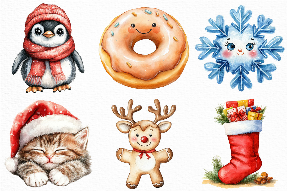 Cute Christmas Watercolor Clipart, an Illustration by Craft Nest (Photo 2 of 6)
