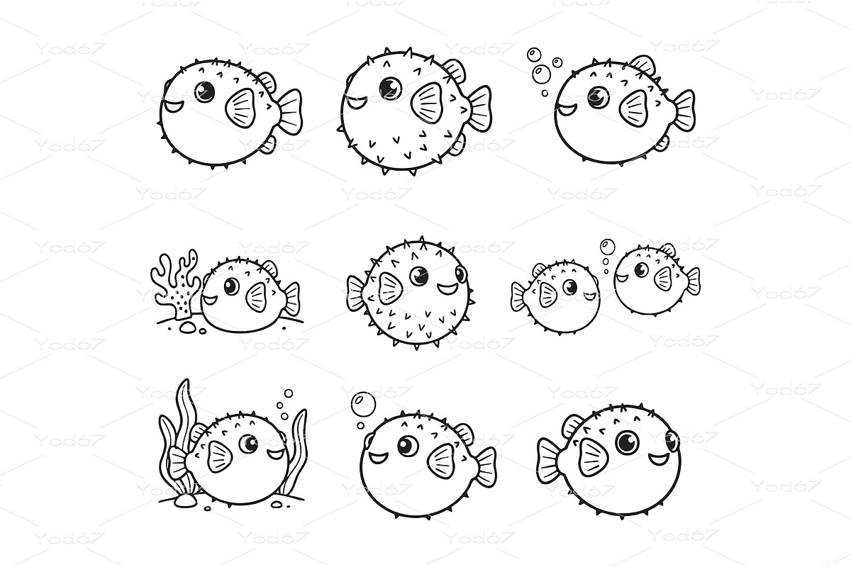 Set of cartoon pufferfish., an Animal Illustration by yod67