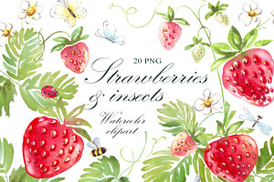 Watercolor strawberry PNG + insects