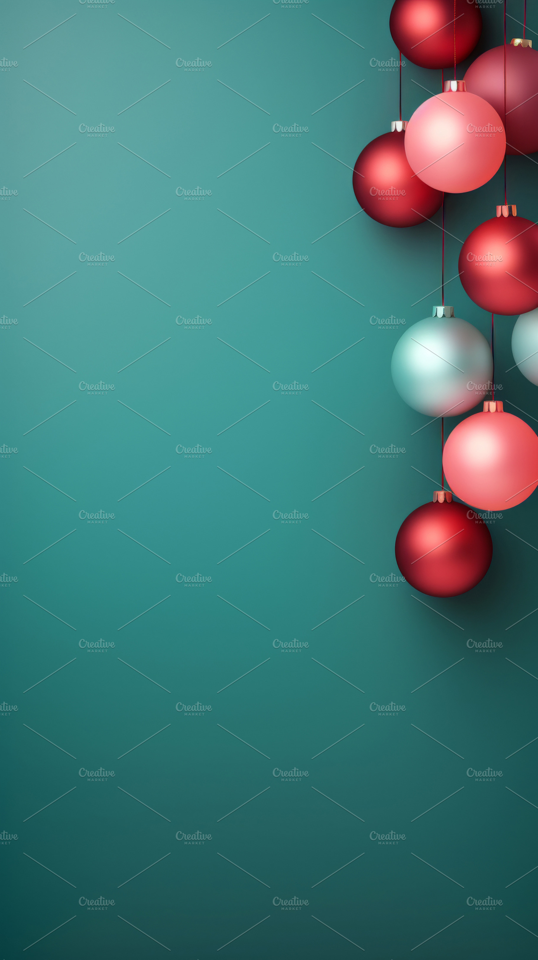 Christmas red and green matte ornaments on teal green background, a Photo by Dvoevnore photos