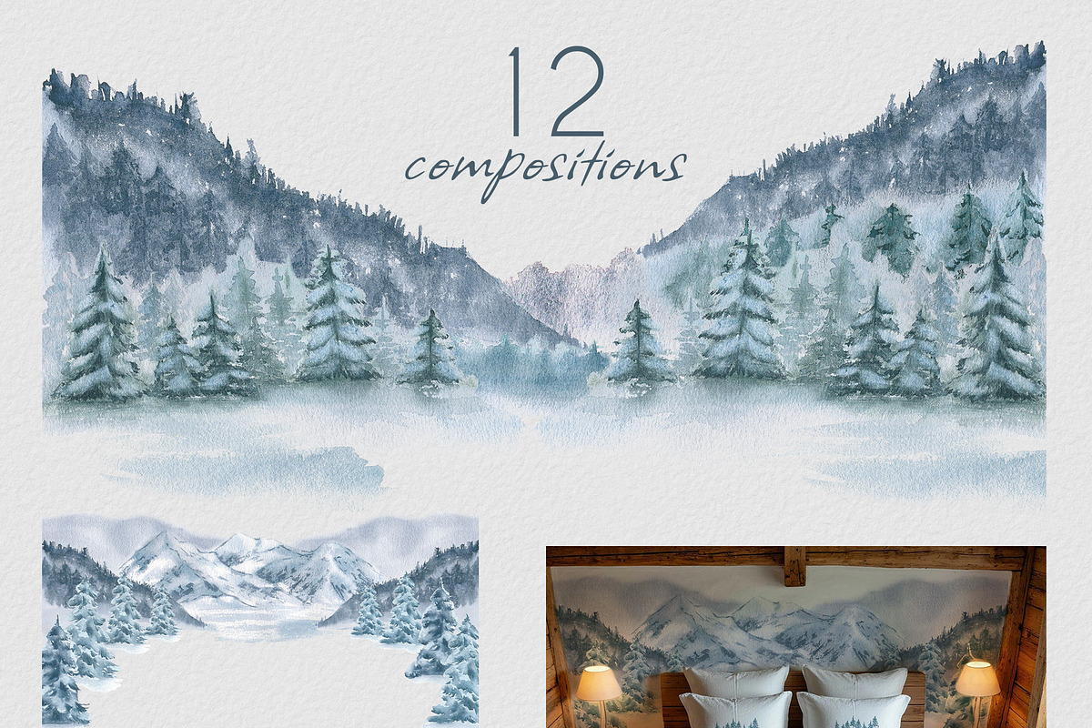 Winter landscape watercolor clipart, an Illustration by Kate Lanbina (Photo 5 of 12)