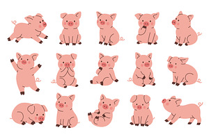 Set of cute pink piglets. Cartoon, an Animal Illustration by GraphiShop