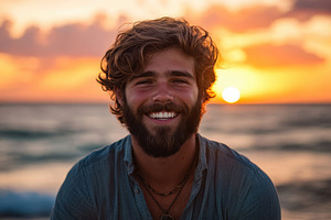 Warm smiling young man with a beard, a Photo by Pavel_design