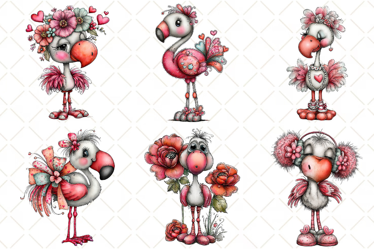 Whimsical Valentine Flamingo Clipart, an Illustration by Black Bird Studio (Photo 2 of 6)