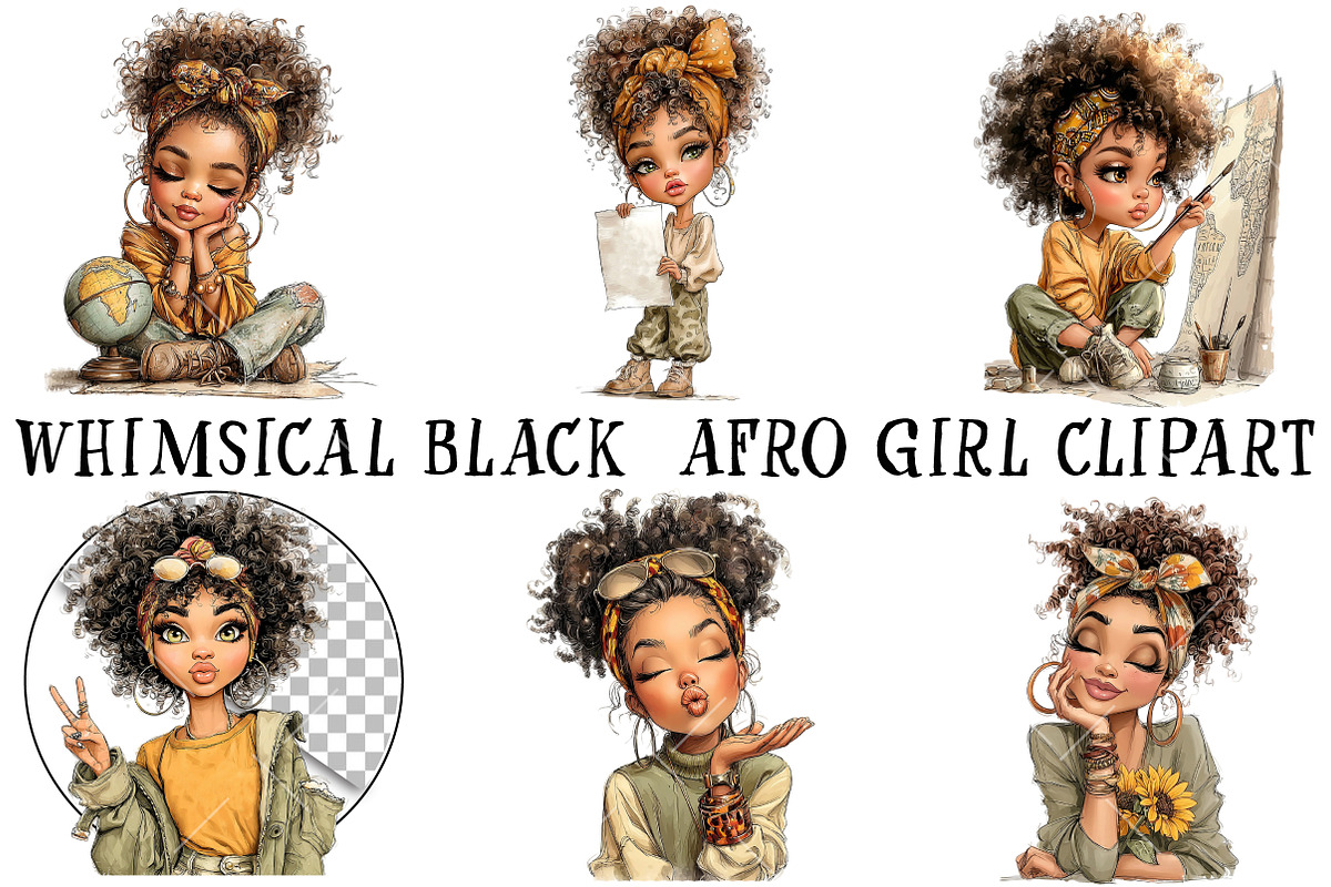 Whimsical Black Afro Girl Clipart, an Illustration by OK Design (Photo 2 of 6)