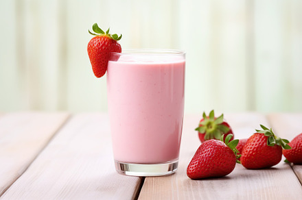Strawberry milk cocktail in glass with berries on wooden background, a Food & Drink Photo by AlyaAnd