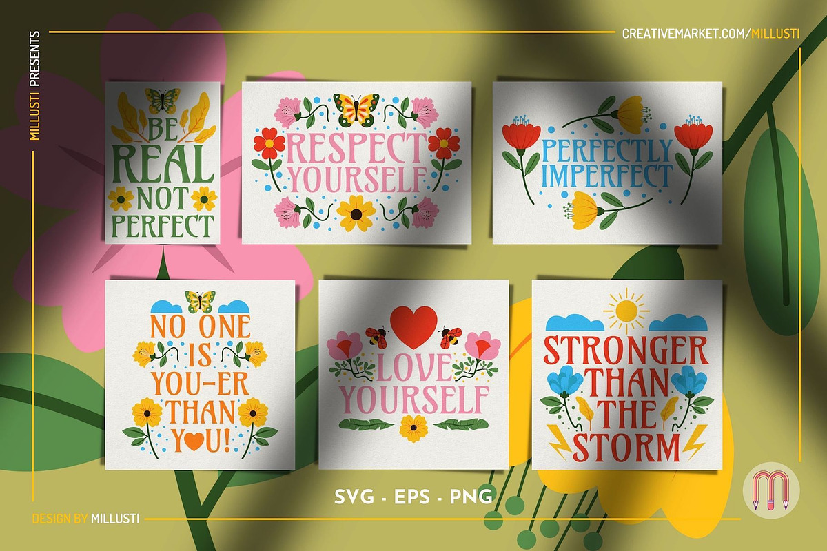30 Floral Self-Love Quotes SVG & EPS, a Decorative Illustration by Millusti (Photo 5 of 9)