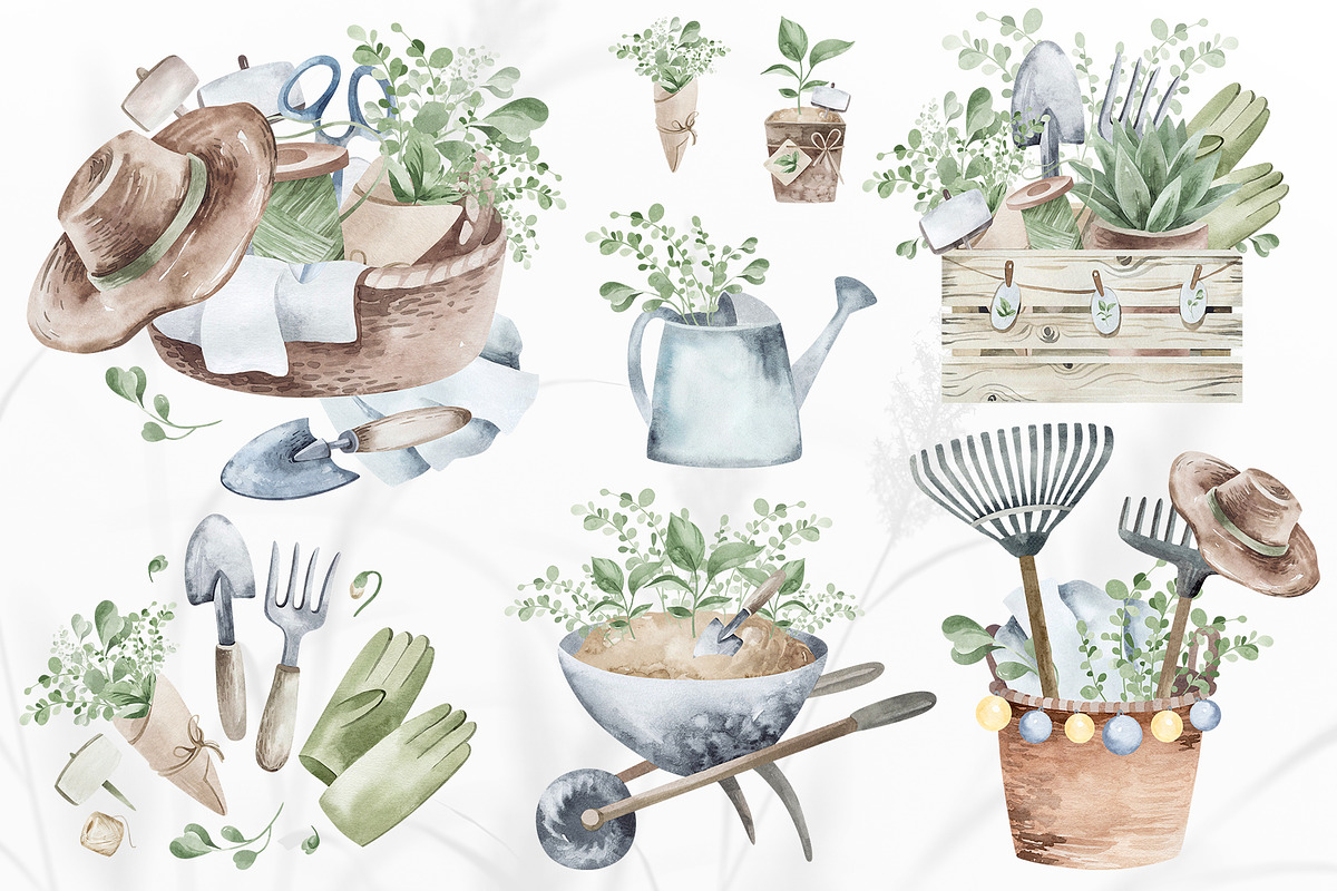 Watercolor Gardening Clipart Set, a Seasonal Illustration by LenArt (Photo 3 of 15)