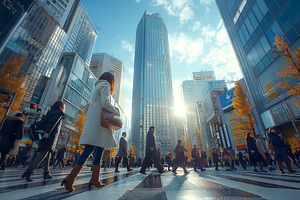 A woman in a winter coat walks across a bustling city intersecti, a Person Photo by ImageMir