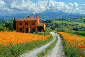 Vibrant orange flowers line the path, a Photo by Tanuart