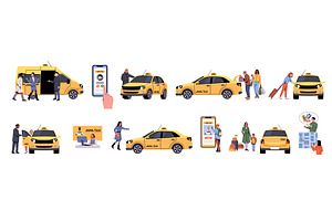 People use taxis. Townspeople, a Transportation Illustration by YummyBuum