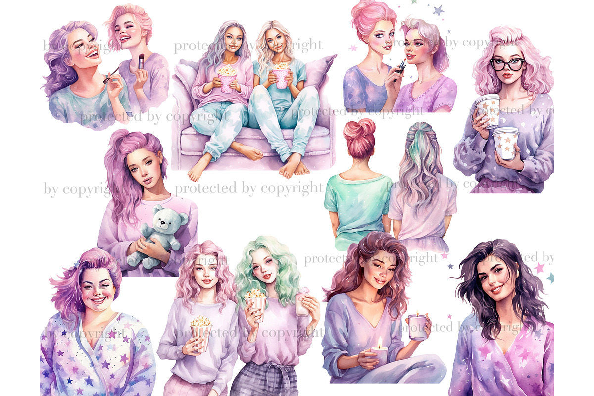 Pajama Party Girls Clipart Lazy Day, a Person Illustration by GlamArtZhanna (Photo 2 of 5)