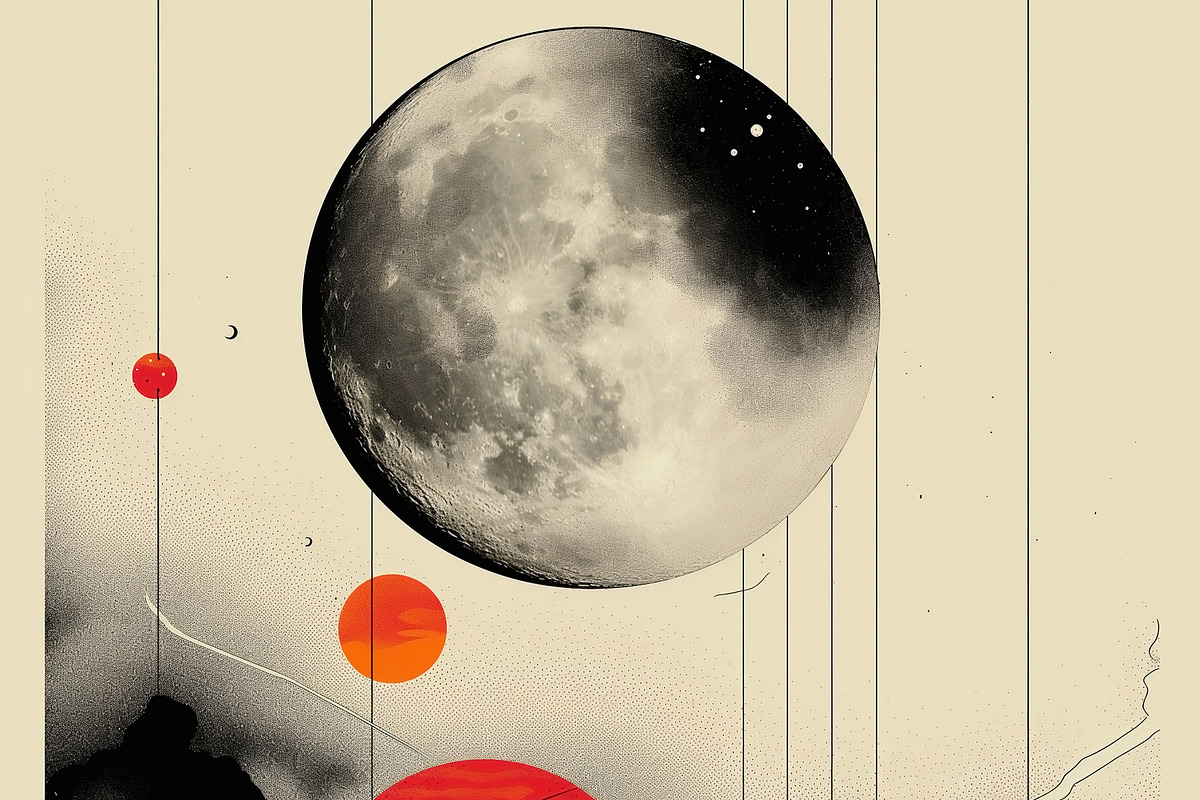A striking digital artwork featuring a large moon and vibrant re, a Decorative Illustration by ImageMir