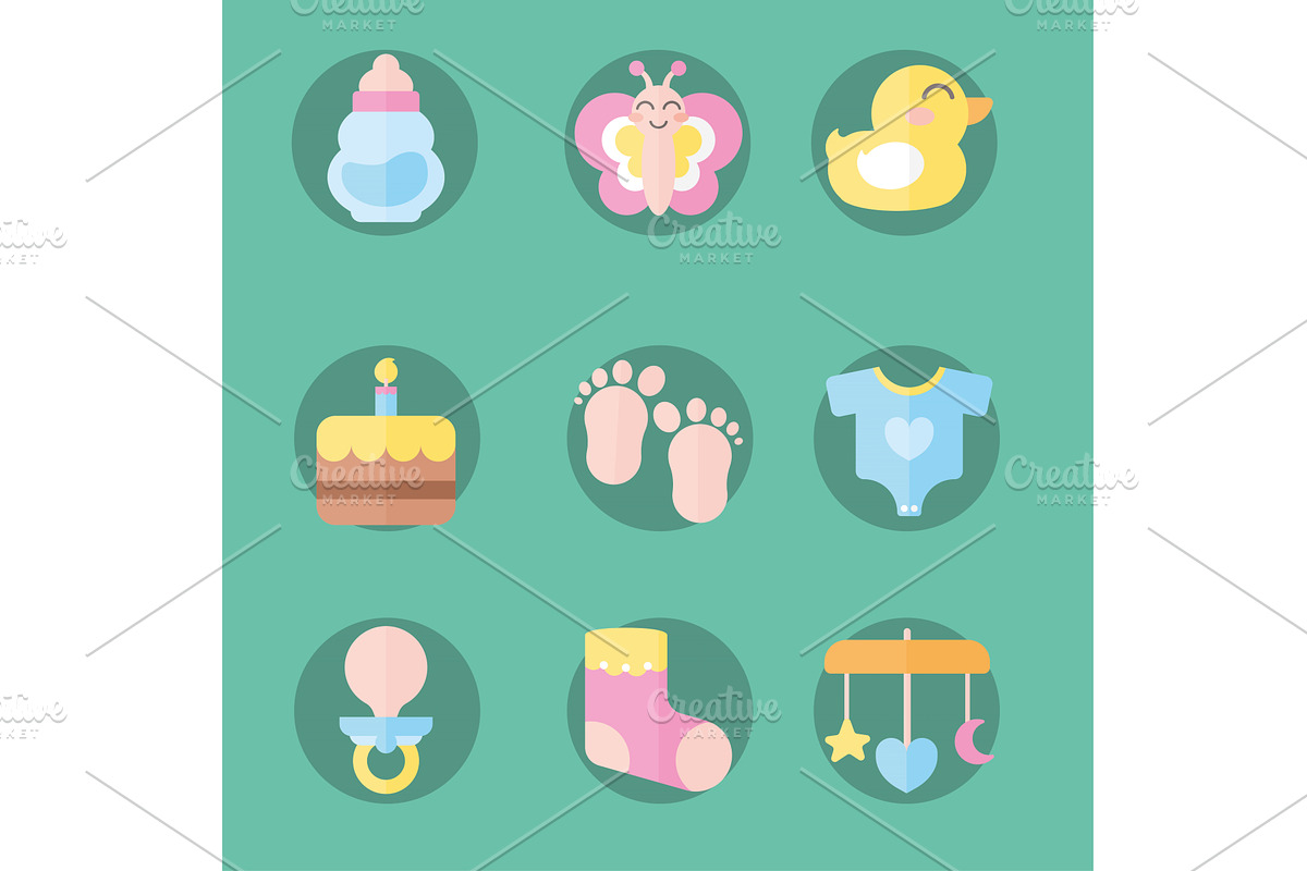 nine baby shower icons, an Object Illustration by studiogstock