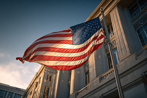 American flag waving outside a gover, a Photo by Pixeness Studio
