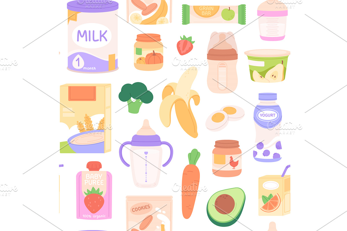 Baby food seamless pattern, a Food Illustration by LadadikArt