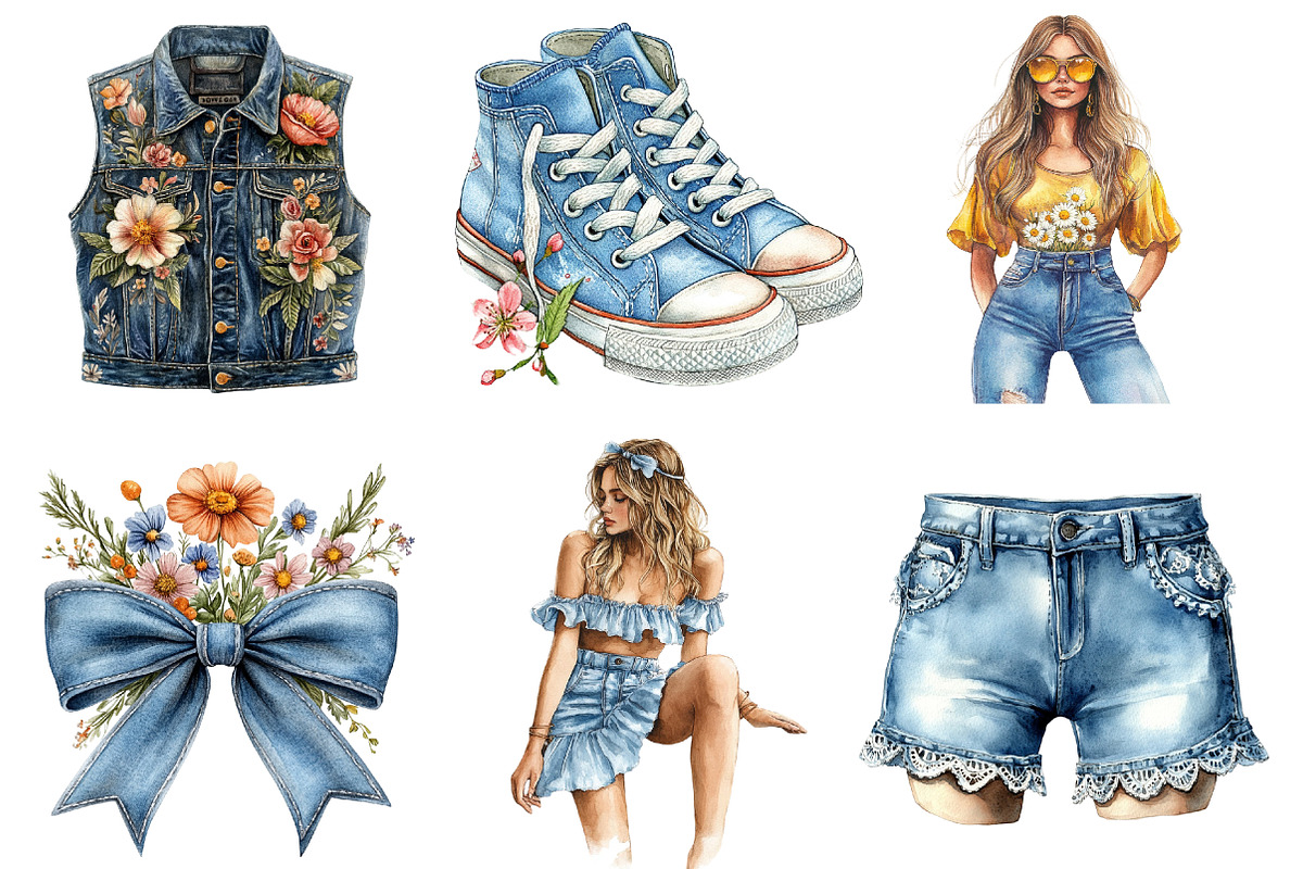 Vintage Denim Spring Clipart, an Illustration by SinaCreation (Photo 3 of 5)