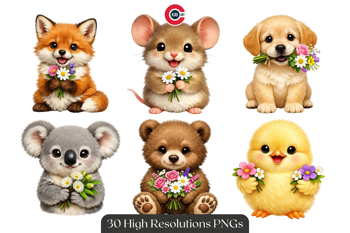 Adorable Baby Animal with Bouquets, an Animal Illustration by C-Kav (Photo 2 of 12)