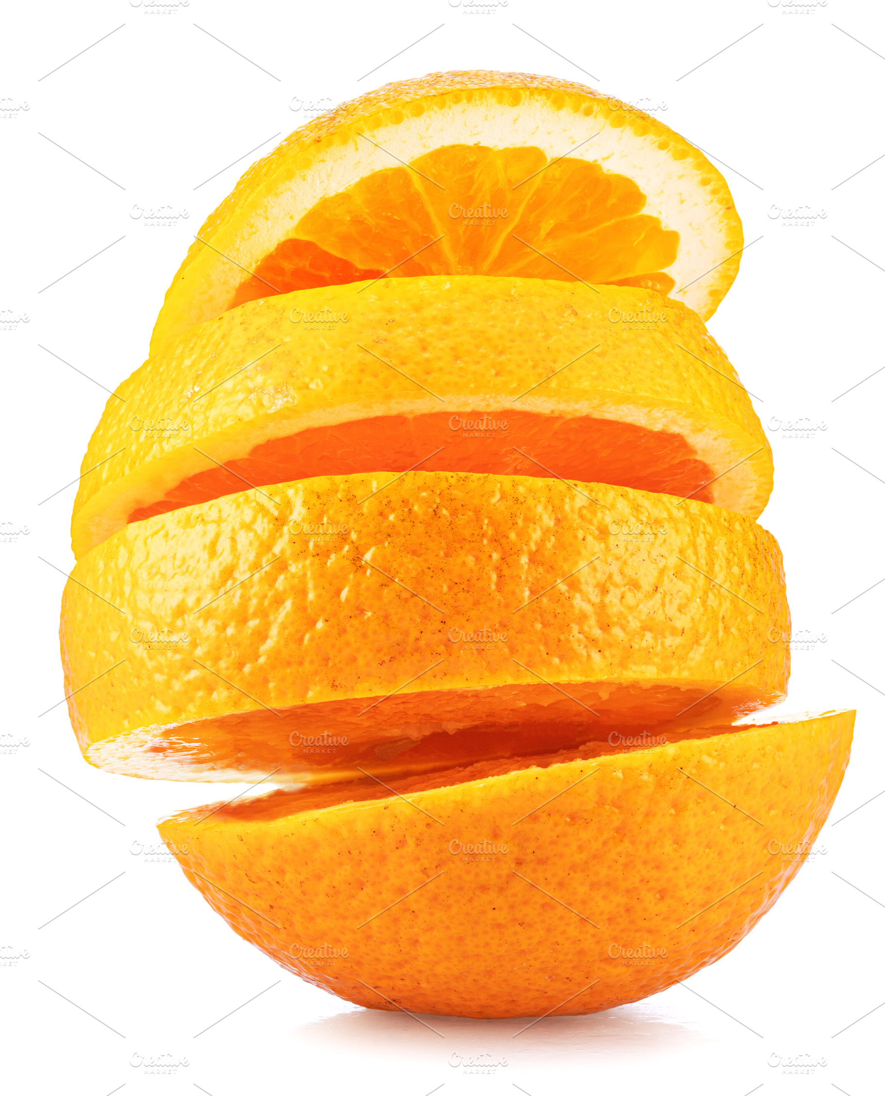 Sliced orange fruit isolated on white background., a Food & Drink Photo by Volff