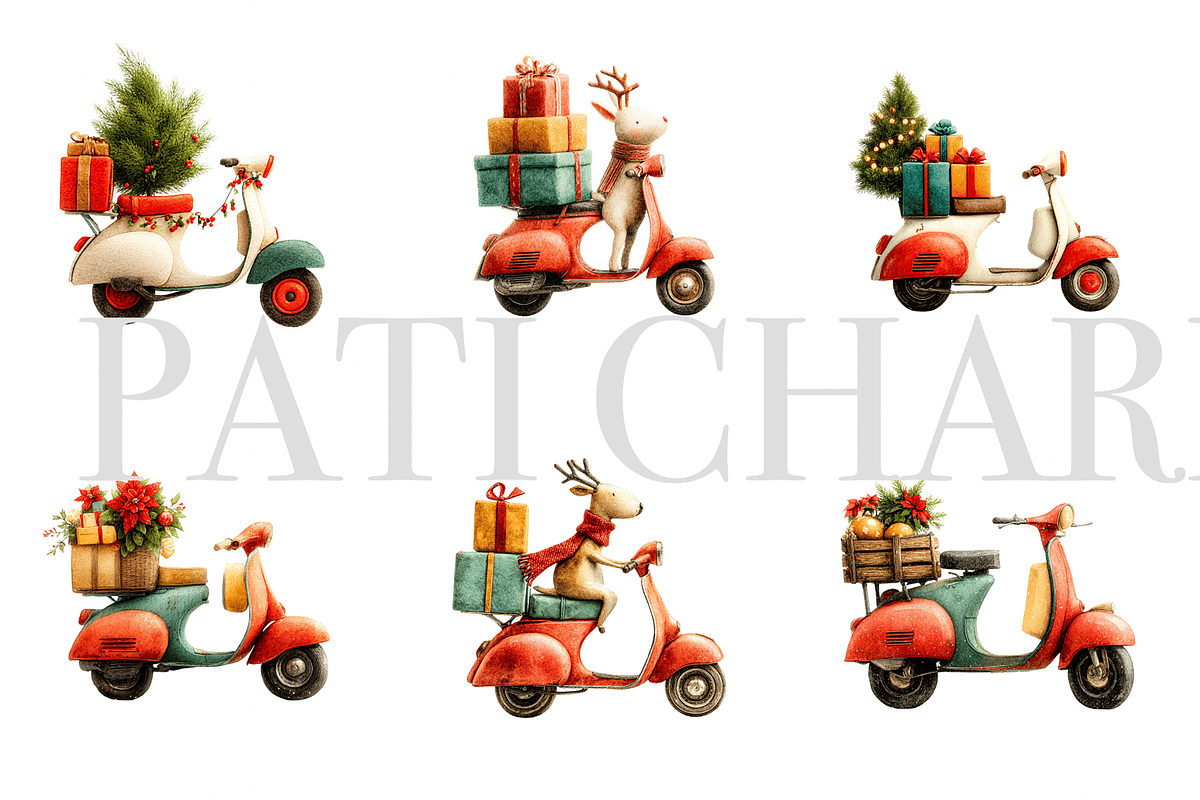 Christmas Scooter Clipart Set, a Decorative Illustration by Pati Charm Studio (Photo 2 of 8)