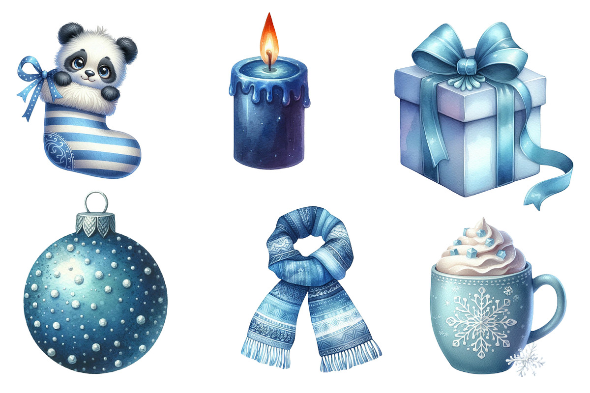 Watercolor Blue Christmas Clipart, an Illustration by CreationArt (Photo 7 of 10)