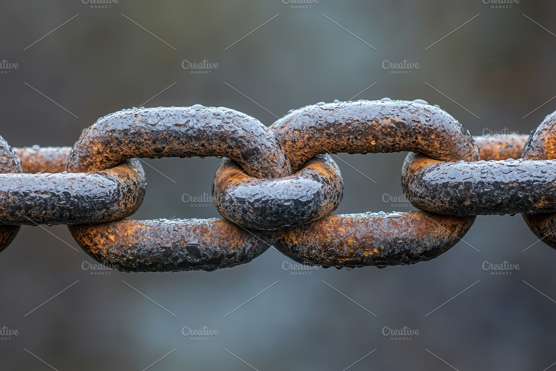 Rusty metal chain links glistening w, a Photo by Tanuart