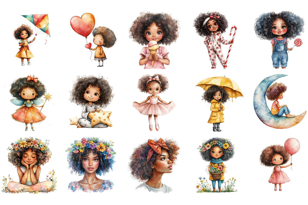 Cute Afro Girl Clipart Bundle, an Illustration by Designking (Photo 2 of 5)